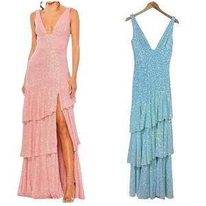 Mac Duggal NWT AQUA Sequin Asymmetrical Ruffle Tiered Gown Size 2 V-Neck Slit